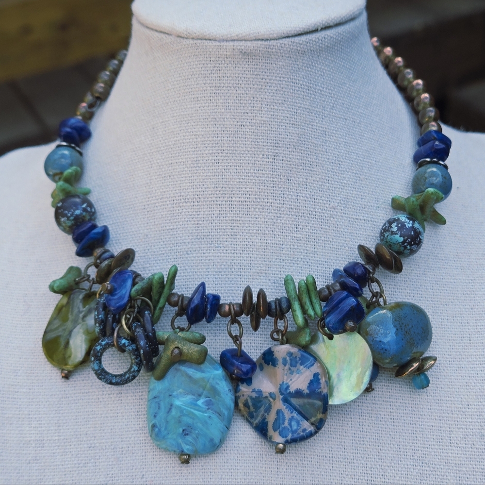 Boho Vintage Necklace Handmade Blue Green Chunky